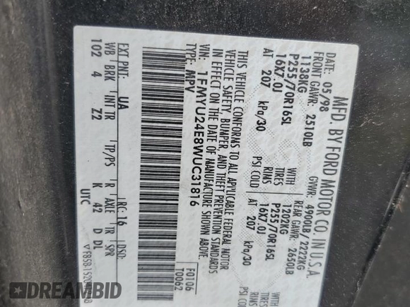 1998 Ford Explorer Sport with VIN 1FMYU24E8WUC31816, listed as a Copart auction lot 64379265 with 245,181 mi miles and Salvage title. Bid and sale history available at DreamBid. Image 13.