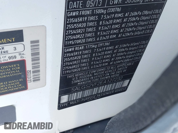 2014 Land Rover Range Rover HSE with VIN SALGS2VF2EA127232, listed as a IAAI auction lot 41454444 with 118,151 mi miles and . Bid and sale history available at DreamBid. Image 9.