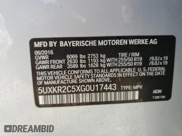 2016 BMW X5 sDrive35i with VIN 5UXKR2C5XG0U17443, listed as a Copart auction lot 47179675 with 52,232 mi miles and Salvage Title. Bid and sale history available at carsss.com. Image 14.