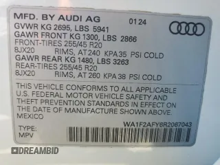 2024 Audi Q5 S line Prestige with VIN WA1F2AFY6R2067043, listed as a Copart auction lot 70264704 with 125 mi miles and Salvage Title. Bid and sale history available at carsss.com. Image 12.