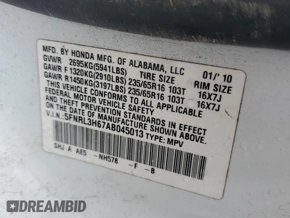 2010 Honda Odyssey EX-L с VIN 5FNRL3H67AB045013, выставлен на аукционе Copart как лот 56686655 с пробегом 231 515 миль миль и Чистый • Clean title. История ставок и продаж доступна на DreamBid. Изображение 12.