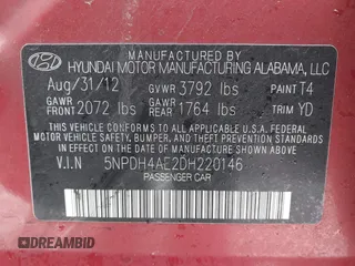 2013 Hyundai Elantra Limited with VIN 5NPDH4AE2DH220146, listed as a IAAI auction lot 41329053 with 123,652 mi miles and . Bid and sale history available at DreamBid. Image 9.
