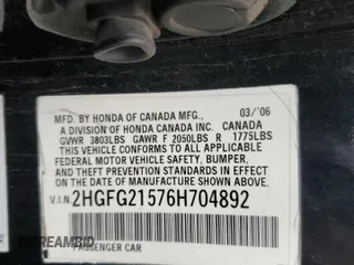 2006 Honda Civic Si z VIN 2HGFG21576H704892, wystawiony jako Copart lot #51242335 z przebiegiem 195 234 mil mil oraz Szkoda całkowita • Salvage title. Historia ofert i sprzedaży dostępna na DreamBid. Obrazek 12.