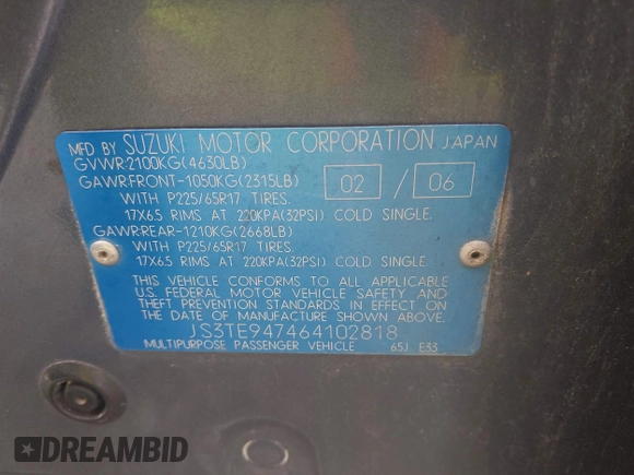 2006 Suzuki Grand Vitara Luxury с VIN JS3TE947464102818, выставлен на аукционе IAAI как лот 42271219 с пробегом 192 714 миль миль и . История ставок и продаж доступна на DreamBid. Изображение 9.