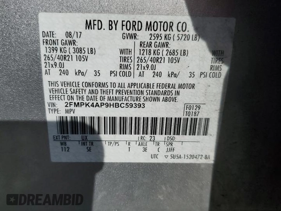 2017 Ford Edge Sport with VIN 2FMPK4AP9HBC59393, listed as a Copart auction lot 45288075 with 79,946 mi miles and Salvage Title. Bid and sale history available at carsss.com. Image 13.