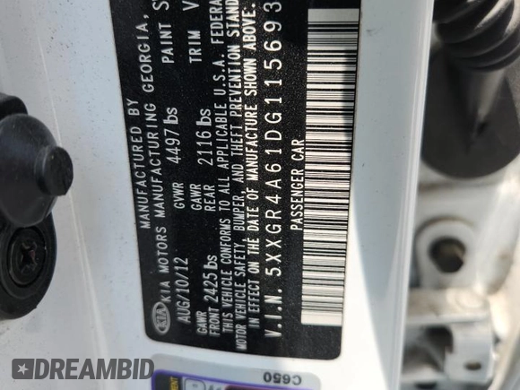 2013 Kia Optima SX with VIN 5XXGR4A61DG115693, listed as a Copart auction lot 62468505 with 149,508 mi miles and Salvage title. Bid and sale history available at DreamBid. Image 12.
