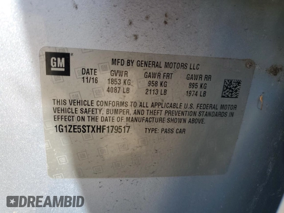 2017 Chevrolet Malibu LT with VIN 1G1ZE5STXHF179517, listed as a Copart auction lot 56398575 with Not Provided miles and Salvage Title. Bid and sale history available at DreamBid. Image 12.