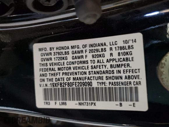 2015 Honda Civic EX z VIN 19XFB2F80FE209090, wystawiony jako Copart lot #53908945 z przebiegiem 90 590 mil mil oraz Szkoda całkowita • Salvage title. Historia ofert i sprzedaży dostępna na DreamBid. Obrazek 12.