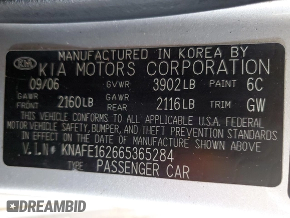 2006 Kia Spectra with VIN KNAFE162665365284, listed as a Copart auction lot 52147085 with 139,570 mi miles and Salvage Title. Bid and sale history available at carsss.com. Image 12.