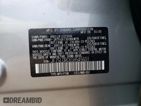 2025 Subaru Forester Limited with VIN JF2SLDRC6SH545601, listed as a Copart auction lot 56981455 with Not provided miles and Salvage title. Bid and sale history available at DreamBid. Image 12.