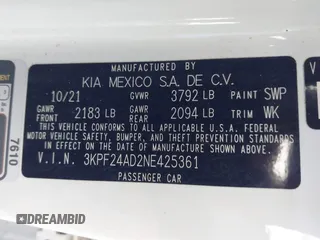 2022 Kia Forte LXS z VIN 3KPF24AD2NE425361, wystawiony jako IAAI lot #42004084 z przebiegiem 61 465 mil mil oraz . Historia ofert i sprzedaży dostępna na DreamBid. Obrazek 9.