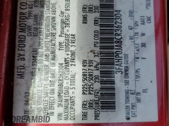 2012 Ford Fusion SEL with VIN 3FAHP0JA8CR362304, listed as a Copart auction lot 50771985 with 202,954 mi miles and Salvage Title. Bid and sale history available at DreamBid. Image 12.