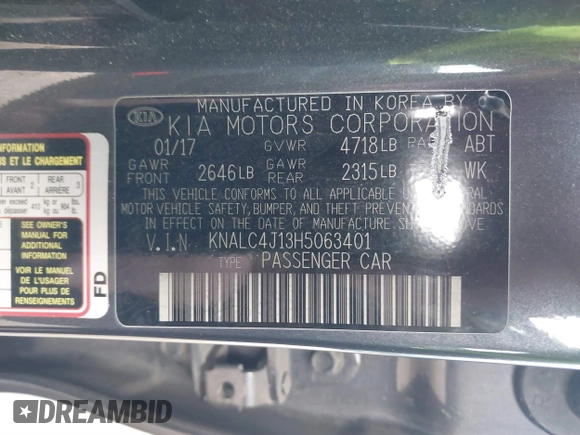 2017 Kia Cadenza Premium with VIN KNALC4J13H5063401, listed as a IAAI auction lot 41814956 with 90,288 mi miles. Bid and sale history available at carsss.com. Image 9.