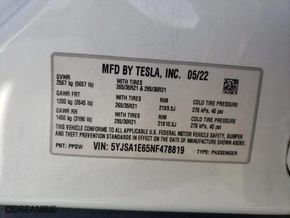 2022 Tesla Model S Plaid with VIN 5YJSA1E65NF478819, listed as a Copart auction lot 78212994 with 27,973 mi miles and Salvage Title. Bid and sale history available at carsss.com. Image 12.