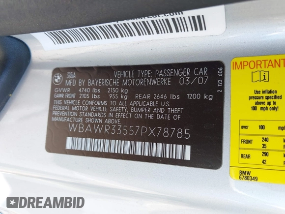 2007 BMW 3 Series 328i with VIN WBAWR33557PX78785, listed as a IAAI auction lot 42715324 with 141,544 mi miles and . Bid and sale history available at DreamBid. Image 9.