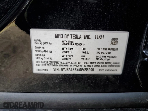 2021 Tesla Model S Plaid with VIN 5YJSA1E6XMF456295, listed as a Copart auction lot 55877025 with Not provided miles and Salvage title. Bid and sale history available at DreamBid. Image 13.