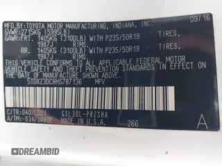 2017 Toyota Sienna SE with VIN 5TDXZ3DC8HS787136, listed as a IAAI auction lot 42062413 with 87,386 mi miles and . Bid and sale history available at DreamBid. Image 9.
