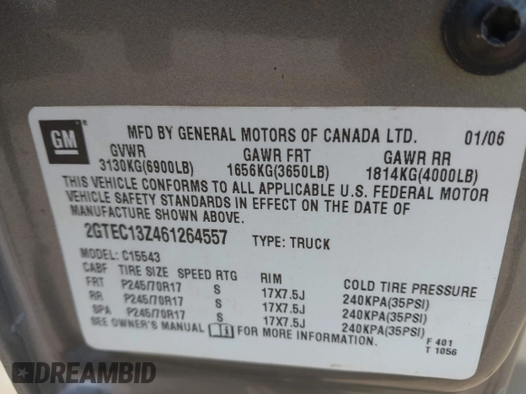 2006 GMC Sierra 1500 SLE1 z VIN 2GTEC13Z461264557, wystawiony jako IAAI lot #41998015 z przebiegiem 191 513 mil mil oraz . Historia ofert i sprzedaży dostępna na DreamBid. Obrazek 9.