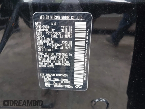 2017 Infiniti QX80 Signature Edition with VIN JN8AZ2NEXH9155628, listed as a IAAI auction lot 41941376 with 90,134 mi miles. Bid and sale history available at carsss.com. Image 9.