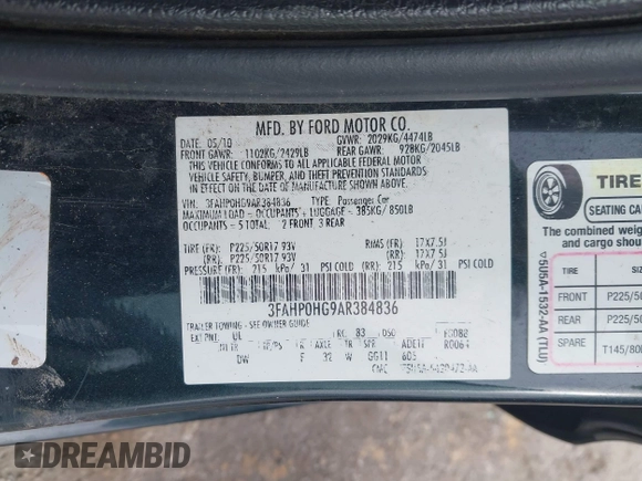 2010 Ford Fusion SE with VIN 3FAHP0HG9AR384836, listed as a IAAI auction lot 42136315 with 211,934 mi miles and . Bid and sale history available at DreamBid. Image 9.