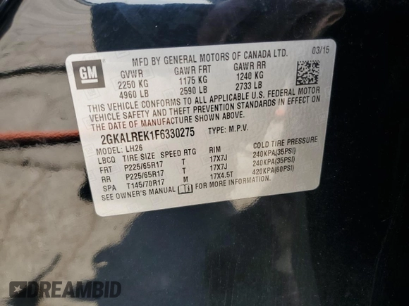 2015 GMC Terrain SLE с VIN 2GKALREK1F6330275, выставлен на аукционе Copart как лот 64138825 с пробегом 125 720 миль миль и Списание • Salvage title. История ставок и продаж доступна на DreamBid. Изображение 14.