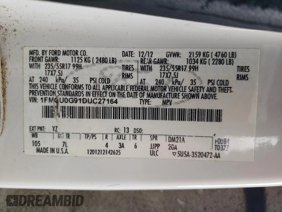 2013 Ford Escape SE with VIN 1FMCU0G91DUC27164, listed as a Copart auction lot 60989985 with 189,612 mi miles and Salvage title. Bid and sale history available at DreamBid. Image 13.