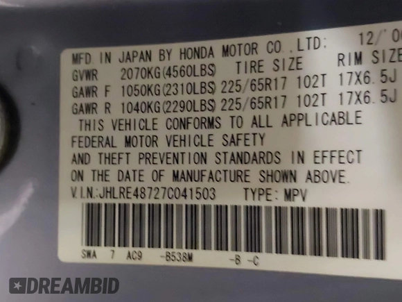 2007 Honda CR-V EX-L with VIN JHLRE48727C041503, listed as a IAAI auction lot 42051958 with 146,533 mi miles and . Bid and sale history available at carsss.com. Image 9.