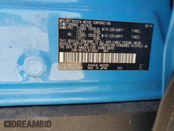 2019 Toyota RAV4 LE with VIN JTMF1RFV7KJ010844, listed as a Copart auction lot 60878805 with 75,904 mi miles and Salvage title. Bid and sale history available at DreamBid. Image 13.