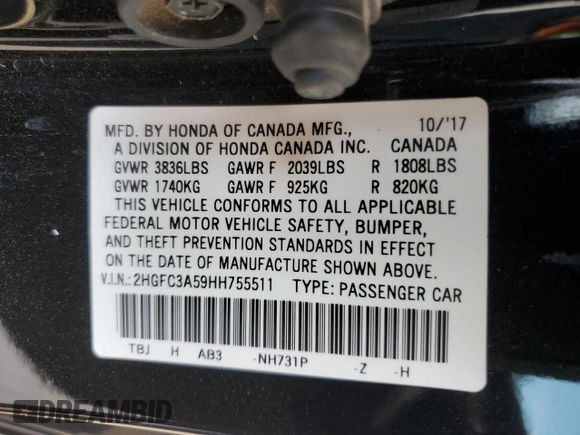 2017 Honda Civic Si with VIN 2HGFC3A59HH755511, listed as a Copart auction lot 50388225 with 82,420 mi miles and Salvage Title. Bid and sale history available at DreamBid. Image 12.