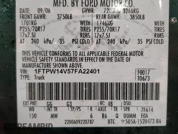2007 Ford F-150 XLT with VIN 1FTPW14V57FA22401, listed as a Copart auction lot 44756715 with 218,916 mi miles and Clean Title. Bid and sale history available at carsss.com. Image 13.