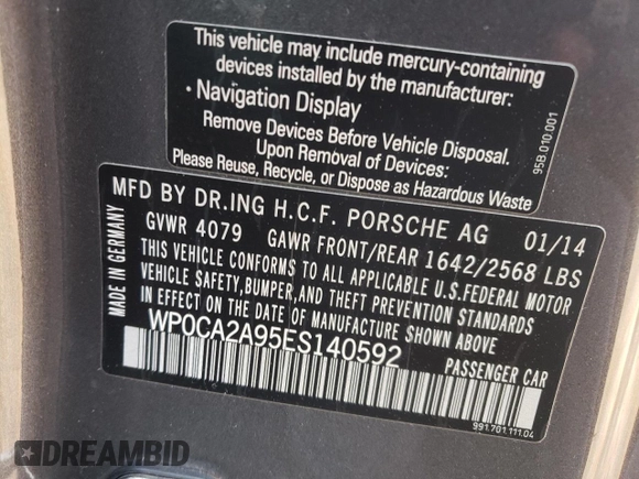 2014 Porsche 911 Carrera with VIN WP0CA2A95ES140592, listed as a Copart auction lot 78244214 with 50,166 mi miles and Salvage Title. Bid and sale history available at carsss.com. Image 14.
