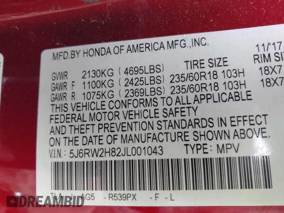 2018 Honda CR-V EX-L with VIN 5J6RW2H82JL001043, listed as a IAAI auction lot 41892432 with 91,751 mi miles. Bid and sale history available at carsss.com. Image 9.