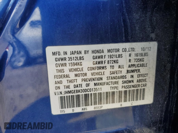 2013 Honda Fit with VIN JHMGE8H30DC013511, listed as a Copart auction lot 51520495 with 0 mi miles and Salvage Title. Bid and sale history available at carsss.com. Image 14.