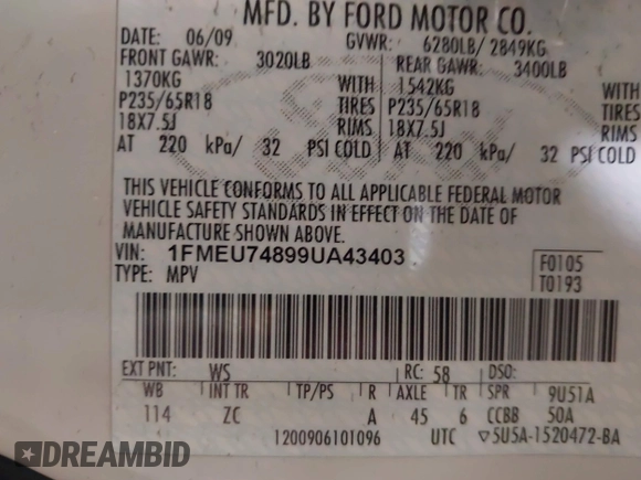 2009 Ford Explorer Eddie Bauer with VIN 1FMEU74899UA43403, listed as a IAAI auction lot 42297697 with 156,836 mi miles and . Bid and sale history available at DreamBid. Image 9.