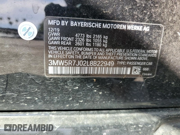 2020 BMW 3 Series 330i xDrive with VIN 3MW5R7J02L8B22949, listed as a Copart auction lot 52635115 with 53,398 mi miles and Clean Title. Bid and sale history available at carsss.com. Image 12.
