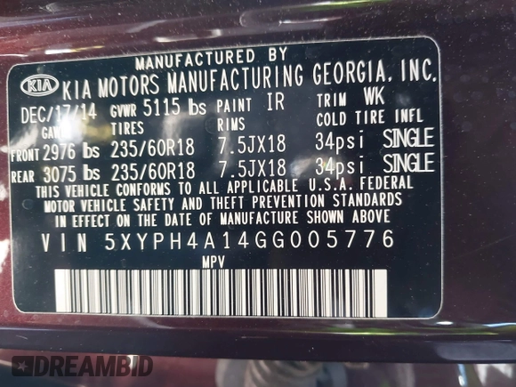 2016 Kia Sorento EX with VIN 5XYPH4A14GG005776, listed as a IAAI auction lot 41839707 with 61,903 mi miles. Bid and sale history available at carsss.com. Image 9.