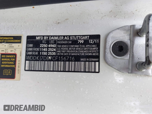2012 Mercedes-Benz E 550 with VIN WDDKJ7DB7CF156716, listed as a IAAI auction lot 41915988 with 180,809 mi miles and . Bid and sale history available at DreamBid. Image 9.