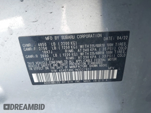 2022 Subaru Outback Limited with VIN 4S4BTANC1N3227837, listed as a IAAI auction lot 42532434 with 121,400 mi miles and . Bid and sale history available at DreamBid. Image 9.