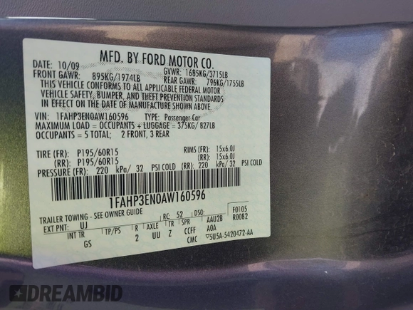 2010 Ford Focus S with VIN 1FAHP3EN0AW160596, listed as a IAAI auction lot 41812309 with 1 mi miles. Bid and sale history available at carsss.com. Image 9.