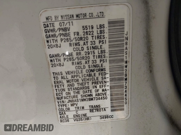 2011 Infiniti FX with VIN JN8AS1MW2BM734450, listed as a IAAI auction lot 42070720 with 158,134 mi miles and . Bid and sale history available at DreamBid. Image 9.