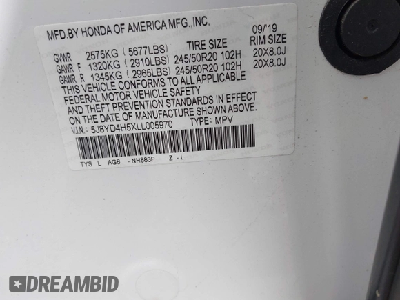 2020 Acura MDX Technology with VIN 5J8YD4H5XLL005970, listed as a IAAI auction lot 42200976 with 37,674 mi miles and . Bid and sale history available at DreamBid. Image 9.
