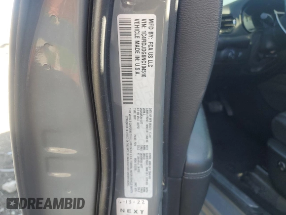 2022 Dodge Durango GT Plus with VIN 1C4RDJDG6NC104510, listed as a Copart auction lot 57055685 with 82,582 mi miles and Salvage title. Bid and sale history available at DreamBid. Image 13.