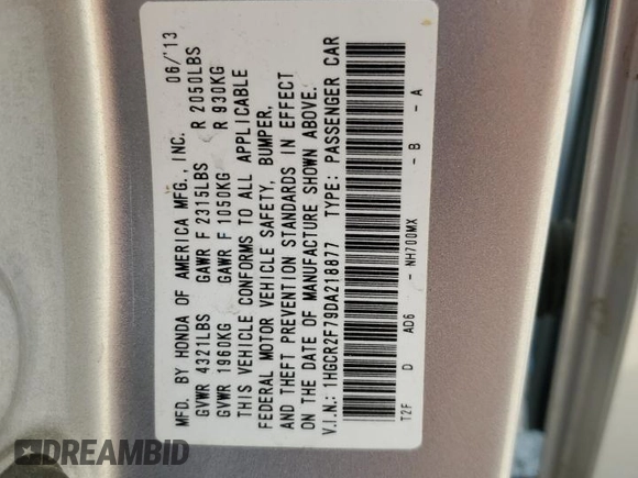 2013 Honda Accord EX with VIN 1HGCR2F79DA218877, listed as a Copart auction lot 60540545 with 296,789 mi miles and Clean title. Bid and sale history available at DreamBid. Image 12.