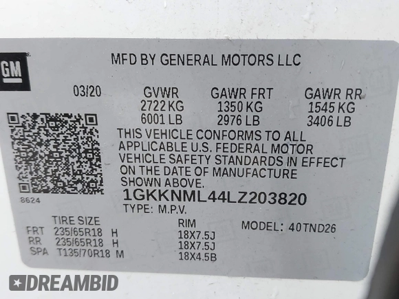 2020 GMC Acadia SLT with VIN 1GKKNML44LZ203820, listed as a IAAI auction lot 41972539 with 78,833 mi miles and . Bid and sale history available at DreamBid. Image 9.