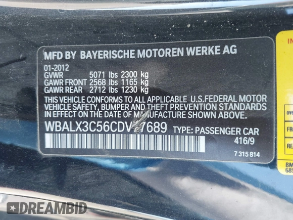 2012 BMW 6 Series 650i with VIN WBALX3C56CDV77689, listed as a IAAI auction lot 41840326 with 92,218 mi miles. Bid and sale history available at carsss.com. Image 9.