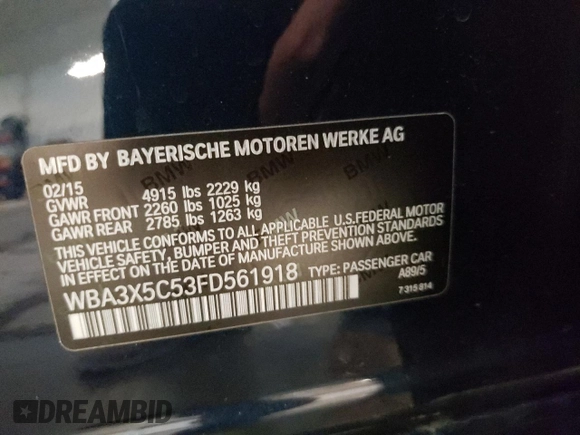 2015 BMW 3 Series 328i Gran Turismo xDrive with VIN WBA3X5C53FD561918, listed as a Copart auction lot 56798165 with 102,423 mi miles and Salvage title. Bid and sale history available at DreamBid. Image 12.