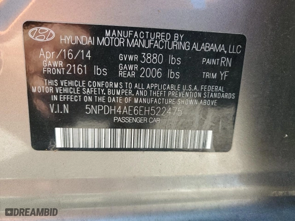 2014 Hyundai Elantra Limited with VIN 5NPDH4AE6EH522475, listed as a Copart auction lot 53468865 with 119,684 mi miles and Salvage Title. Bid and sale history available at carsss.com. Image 13.