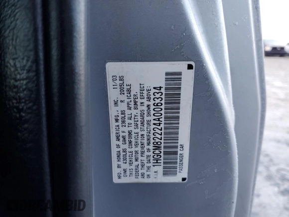 2004 Honda Accord LX with VIN 1HGCM82224A006334, listed as a Copart auction lot 84817084 with 237,223 mi miles and Salvage title. Bid and sale history available at DreamBid. Image 14.