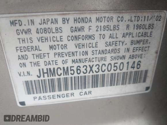 2003 Honda Accord LX with VIN JHMCM563X3C050146, listed as a IAAI auction lot 42451963 with 203,271 mi miles and . Bid and sale history available at DreamBid. Image 9.