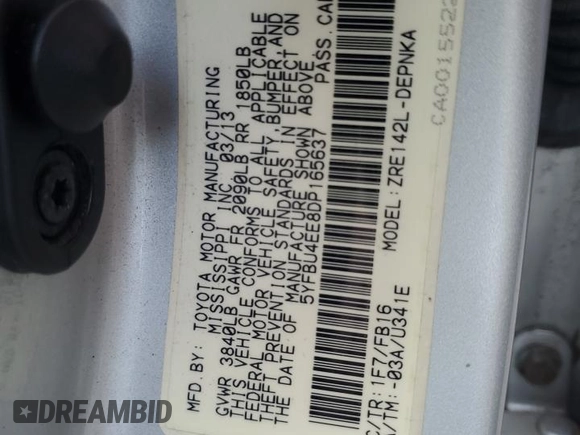 2013 Toyota Corolla L with VIN 5YFBU4EE8DP165637, listed as a Copart auction lot 54437445 with 131,112 mi miles and Clean Title. Bid and sale history available at DreamBid. Image 12.